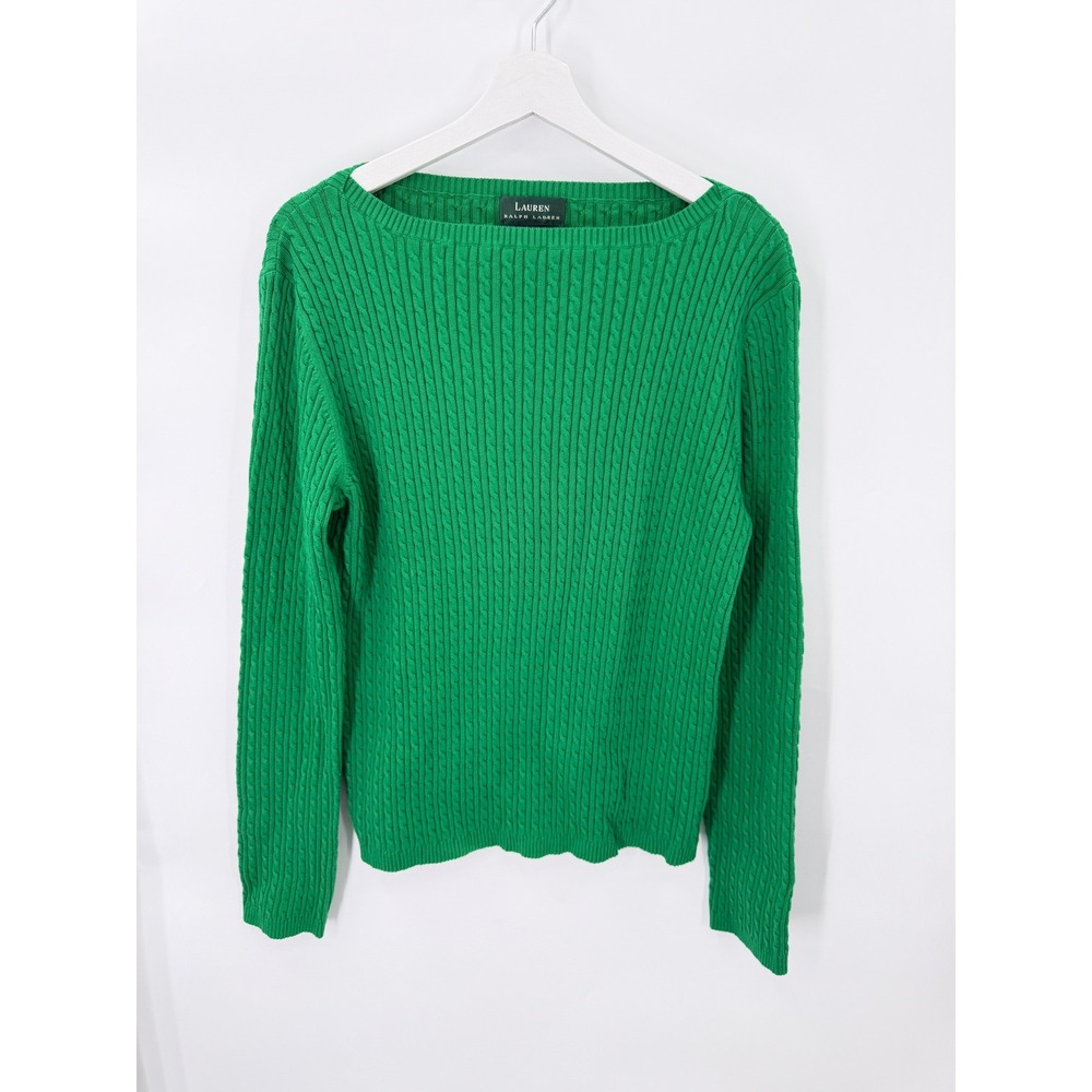 Lauren Ralph Lauren Sweater Womens XL Green Cable Knit Boat Neck Cotton Blend